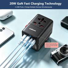 20W GaN Universal Travel Adapter 8 In 1 All In One International Plug With 2USB-A+2USB-C Fast Charging Ports, Worldwide Power Adaptor For UK EU US AU Travel - Black - View 3