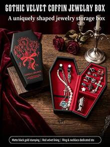 1pc Fashion Gothic Coffin-Shaped Jewelry Box, Fashionable Artificial PU Leather Mini Jewelry Storage Box, Perfect For Storing Earrings, Rings, Necklaces And Bracelets, Portable Gothic Style Storage Box, Perfect For Halloween, Christmas, Back To School, Unique Gift For Fashion Enthusiasts And Collectors - Multicolor - View 11