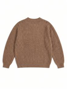1pc Girls Big Tween Girl Round Neck Chunky Knit Sweater, Loose Lantern Long Sleeve, Ribbed Cuffs, Soft All-Match Versatile Style - Brown - View 4