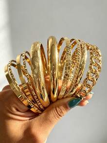 15/10/5pcs Vintage Luxurious Old Money Style Knotted Pattern Smooth Gold Bracelet Set, Suitable For Women's Daily Wear, Party, Vacation, Gift - Gold - View 6