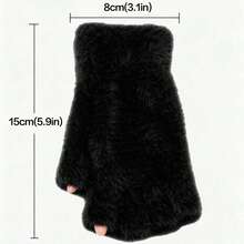 1 Pair Women's Fingerless Knit Plush Gloves, Essential For Winter Travel Warmth, 5 Colors Available - Black - View 7