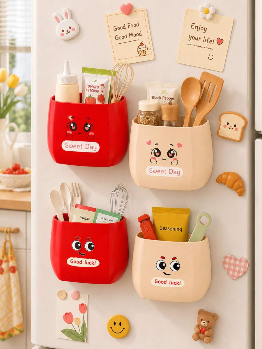 1pc/2pcs Magnetic Storage Box, Can Store Spices, Condiments, Tableware, Cosmetics And Pens, Space-Saving Modular Design, Suitable For Kitchen, Bathroom, Desk, Cabinet Door And Storage Cabinet, Ideal For Home, Office, Dorm And RV Use - Fun Mouth Style - View 1
