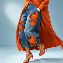 Vaqueros mujer talle alto pierna ancha holgados, estampado floral rojo original - Naranja - Ver 1
