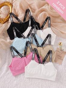 2pcs Random Color Teen Girls Letter Strap Seamless Non-Wired Thick Training Bra Sports Crop Tank Top Student Girl Underwear - Multicolor - View 2