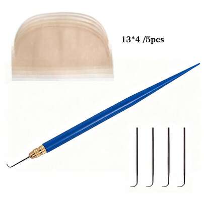 1 Set Handwoven Wig Ventilating Tool Kit, Includes 4 Pcs Lace Wig Ventilating Needles, 1 Blue Ventilating Needle Holder And 5 Pcs Hand‑Woven Lace Nets, For Making & Repairing Lace Wigs, Toupees And Hairpieces, Wig Knotting Hook Set, Halloween
