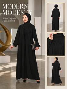 Fashionable Women's Casual Retro Solid Color Round Neck Long Loose Robe, Dignified And Proper Black Spring Fall - Black - View 7