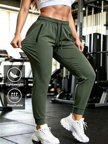 Women's Jogging Pants High Waist Drawstring Zipper Pockets Lightweight Sports Fitness Running Pants - Green - View 1