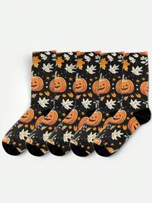 Calcetines para hombre con estampado 360°, estilo callejero, patrones de linterna de calabaza de Halloween, gato negro, murciélago, calcetines coloridos y divertidos, adecuados para uso diario, festividades y ocasiones de fiesta - Negro - Ver 5