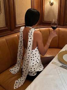 Elegant Women's Sleeveless Halter Neck Chiffon Polka Dot Top, Lined, Regular Length, Decorated With Unique Gold Button Brooch White Vacation Summer - White - View 3