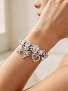 1 buah Gelang Bangle Terbuka DIY Manik-manik Hati Kucing Berlian Imitasi Elegan untuk Wanita, Cocok untuk Pemakaian Sehari-hari dan Pesta - Perak - View 2