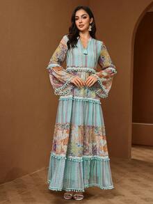 Bohemian Paisley Print Long Sleeve Arabian Dress, V-Neck And Pom Pom Trim Detail - Mint Green - View 4