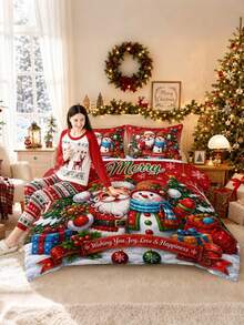 3pcs Christmas Theme Red Background Cartoon Santa Claus Snowman Christmas Pattern Bedding Set Quilt And Pillowcase 3 Pieces Set - Soft, Comfortable And Breathable Bedding, 200g Quilted Filling, Includes 1 Quilt And 2 Pillowcases (Pillow Inserts Not Included) - Perfect Choice For Home Or Dorm Christmas Decoration - Multicolor - View 14