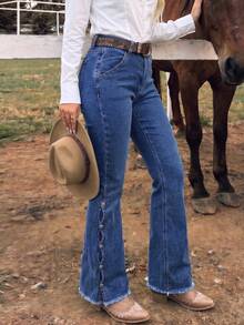 Women's Washed Elastic Flare Jeans With Frayed Hem Design Casual Fall - Medium Wash - View 4