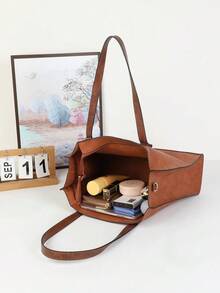Handbag With External Coin Purse And Toiletry Bag, Shoulder Strap And Large Crossbody Strap - Brown - View 9