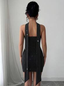 Women Fall Black Rhinestone Mini Dress,Strapless Backless Sash Bodycon Dress For Birthday Cocktail Going Out - Black - View 2
