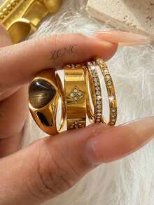 ZCNC Vintage Heart-Shaped Tiger Eye Stone & Four-Leaf Clover Crystal Stackable Ring Set, 18K Gold Stainless Steel Rings, Perfect Elegant Christmas Holiday Gift For Girlfriend, Mom, Wife - Gold - View 4