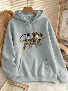 Plus-Size Women's Hoodie With A Cartoon Leopard Print, Drawstring Pockets, Casual Sports Style, Autumn And Winter Version, Patterned Sweatshirt. - Grey - View 1