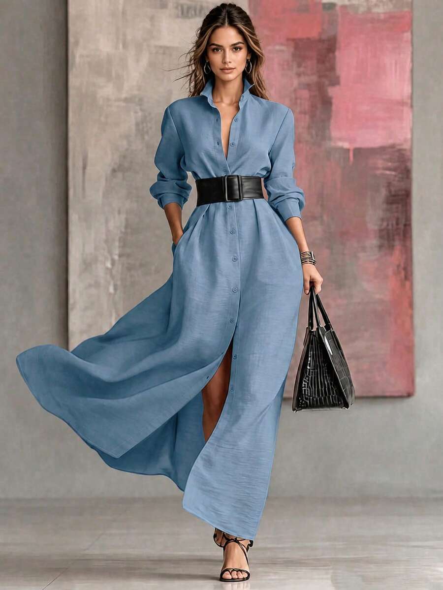 HUTENER (不含腰帶) 女款優雅純色長洋裝，適合春秋穿著，翻領單排扣慵懶舒適設計，適用通勤、度假、辦公室，優雅時尚洋裝