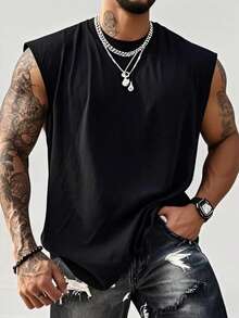 Men's Summer Casual Solid Color Round Neck Tank Top - Black - View 6