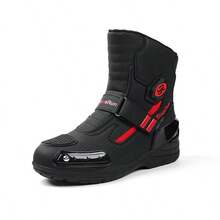 New Men's Professional Motorcycle Boots, Suitable For Racing Training And Combat, Fashionable Motorcycle Shoes, Riding Shoes, With Rotary Buckle, PU Upper Motorcycle Shoes - Black and Red - View 2
