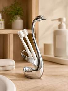 1pc Luxury Swan Design Toothbrush Holder, Stainless Steel Desktop Storage Rack, Suitable For Home Bathroom Vanity And Multiple Scenes, Sturdy Placement For Toothbrush And Toothpaste, Exquisite Artistic Craftsmanship Decor, Minimalist Silver Appearance, Space-Saving, Bathroom Desktop Decoration And Storage 2-In-1 Practical Item - Multicolor - View 2