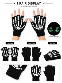1 Pair Halloween Glow-In-The-Dark Skeleton Fingerless Knit Gloves, Ghost Hand Cosplay Party Costume Accessory - A - View 6
