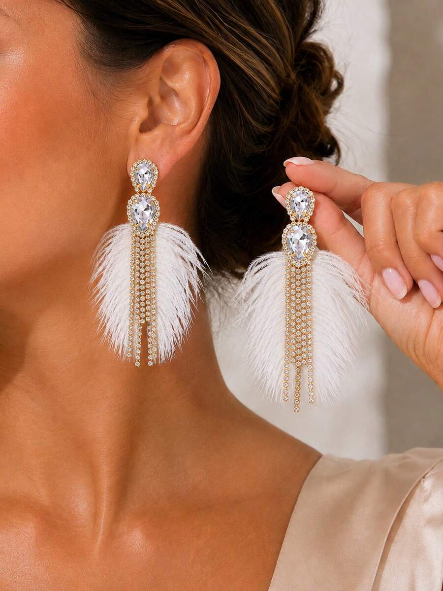 outingfit 1 Pasang Anting Bulu Biru Desain Minimalis Anting Gantung Aksesori Pertunjukan Panggung - Emas - View 1