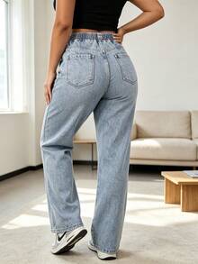 Pantalones vaqueros de corte amplio con cinturón elástico y cordón, bolsillos de trabajo amplios, tela suave lavada para disimular las piernas y favorecer la silueta casual diaria - azul claro - Ver 2