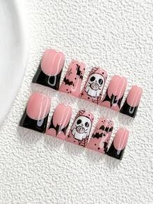 萬聖節主題 10 片裝溫柔風手工穿戴甲 Polygel 凝膠美甲套組，幽靈、蜘蛛網、黑色指甲油，甜酷風格，附美甲工具，3 種尺寸可選，杏仁甲、鴨嘴甲、棺材甲，適合派對、舞會、日常佩戴 - 彩色 - 查看 14