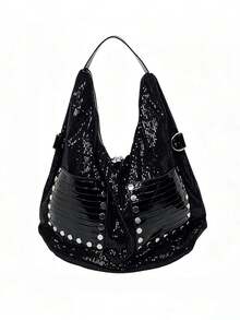 Nicekee Sparkling Rivet Splicing Shoulder Bag, Personalized And For Female Commuting, Suitable For Daily Shopping And Short Distance Travel - Black - View 7