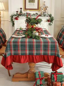 1pc Christmas Green Plaid Tablecloth With Red Ruffle Trim, Holiday Dining Table Cover For Christmas Home Decor - Green - View 10