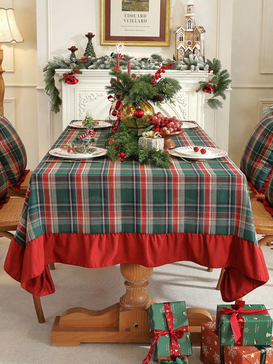 1pc Christmas Green Plaid Tablecloth With Red Ruffle Trim, Holiday Dining Table Cover For Christmas Home Decor - Green - View 1