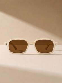 Gentle Cream White Small Square Frame Women's Vintage Sunglasses, Side Rivet Embellishment Details, Beach Outing Daily Commute Soft Atmosphere Outfit - Multicolor - View 3