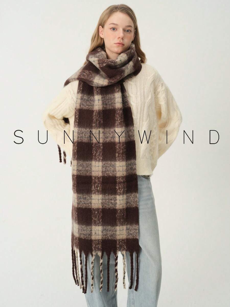 1pc Women's Plaid Elegant Elegant Warm Thick Polyester Loop Yarn Scarf For Autumn/Winter Daily Use - Brown - View 1