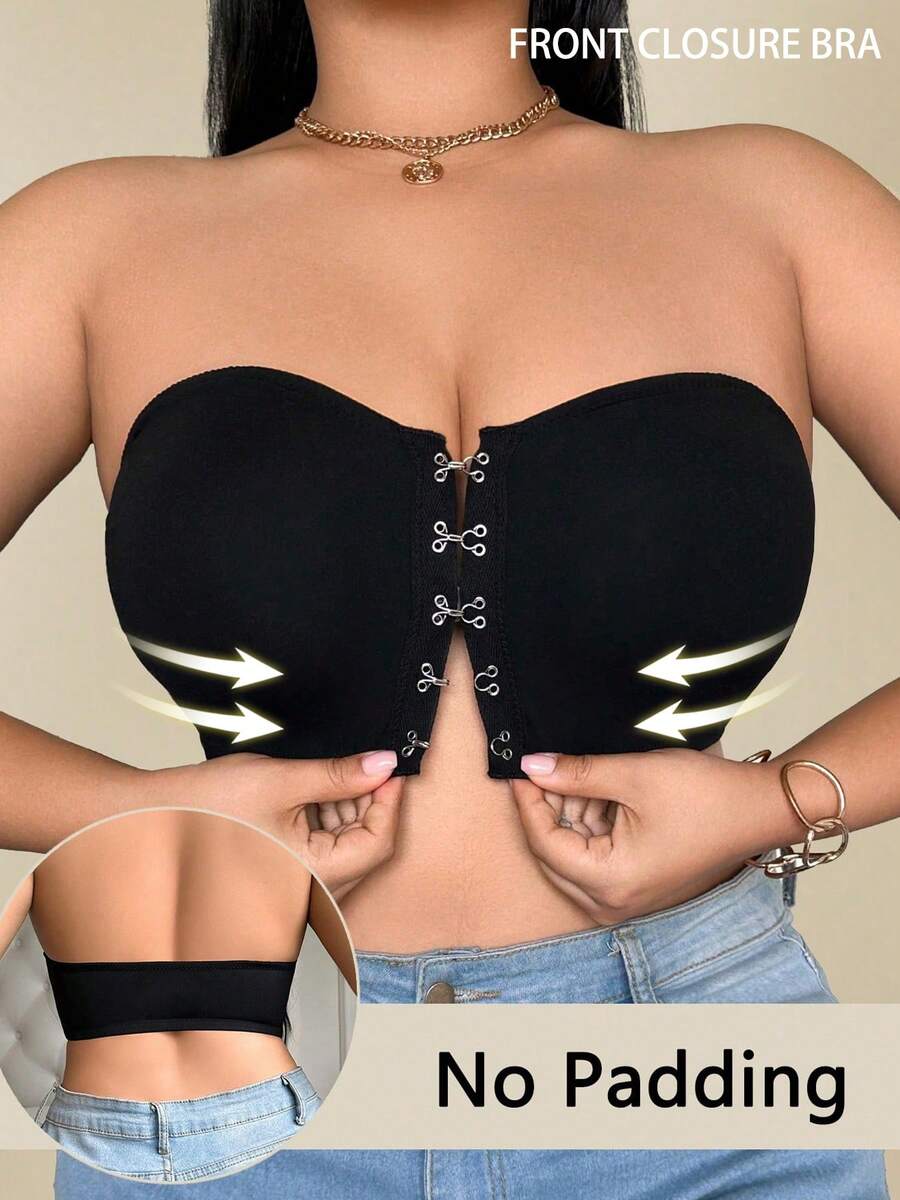 Front Closure Plus Size Women Solid Color Bandeau Bra - Black - View 1