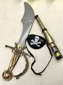 Juego de 3 accesorios de mano para juego de rol de pirata (Espada, Telescopio, Parche para el ojo) Adecuado para fotos de vacaciones, juego de rol de vacaciones, fiesta, actuación en el escenario y accesorios de juego - Multicolor - Ver 1