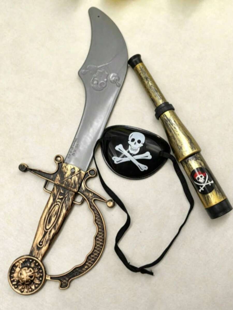 Juego de 3 accesorios de mano para juego de rol de pirata (Espada, Telescopio, Parche para el ojo) Adecuado para fotos de vacaciones, juego de rol de vacaciones, fiesta, actuación en el escenario y accesorios de juego - Multicolor - Ver 1