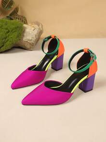 Sandal Wanita Elegan dengan Ujung Lancip dan Warna Kontras, Gesper Rhinestone, Sepatu Hak Tebal Nyaman, Cocok untuk Pesta dan Kencan - MultiWarna - View 2