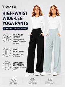 Women's Solid Color High Waist Pocket Pleated Casual Sports Long Pants 2pcs Set Black - Black - View 2