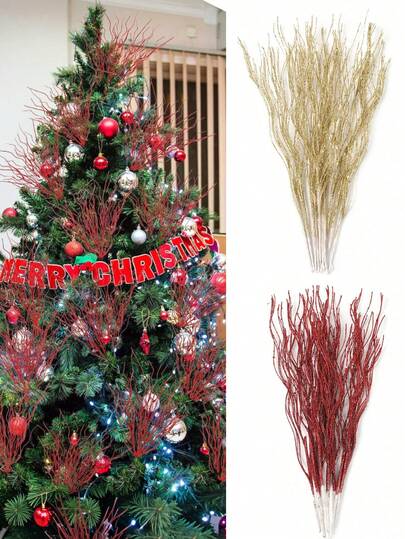 1pc/6pcs 16.5 Inch Artificial Green Curly Gold Powder Dragon Beard Grass, Suitable For Christmas Tree Decoration, Vase Decoration, Home Decor, Theme Party Decoration, DIY Wreath, Gift Wrapping Accessories, Room Decoration, Christmas Decoration