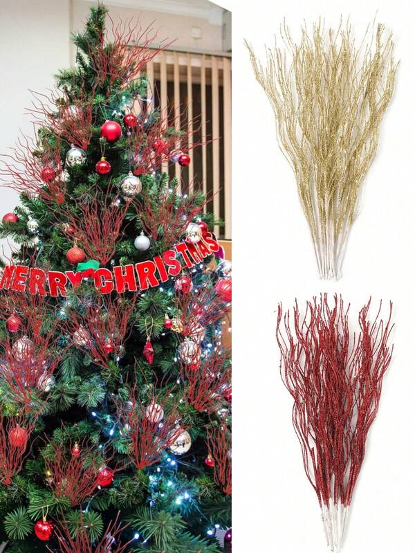 1pc/6pcs 16.5 Inch Artificial Green Curly Gold Powder Dragon Beard Grass, Suitable For Christmas Tree Decoration, Vase Decoration, Home Decor, Theme Party Decoration, DIY Wreath, Gift Wrapping Accessories, Room Decoration, Christmas Decoration