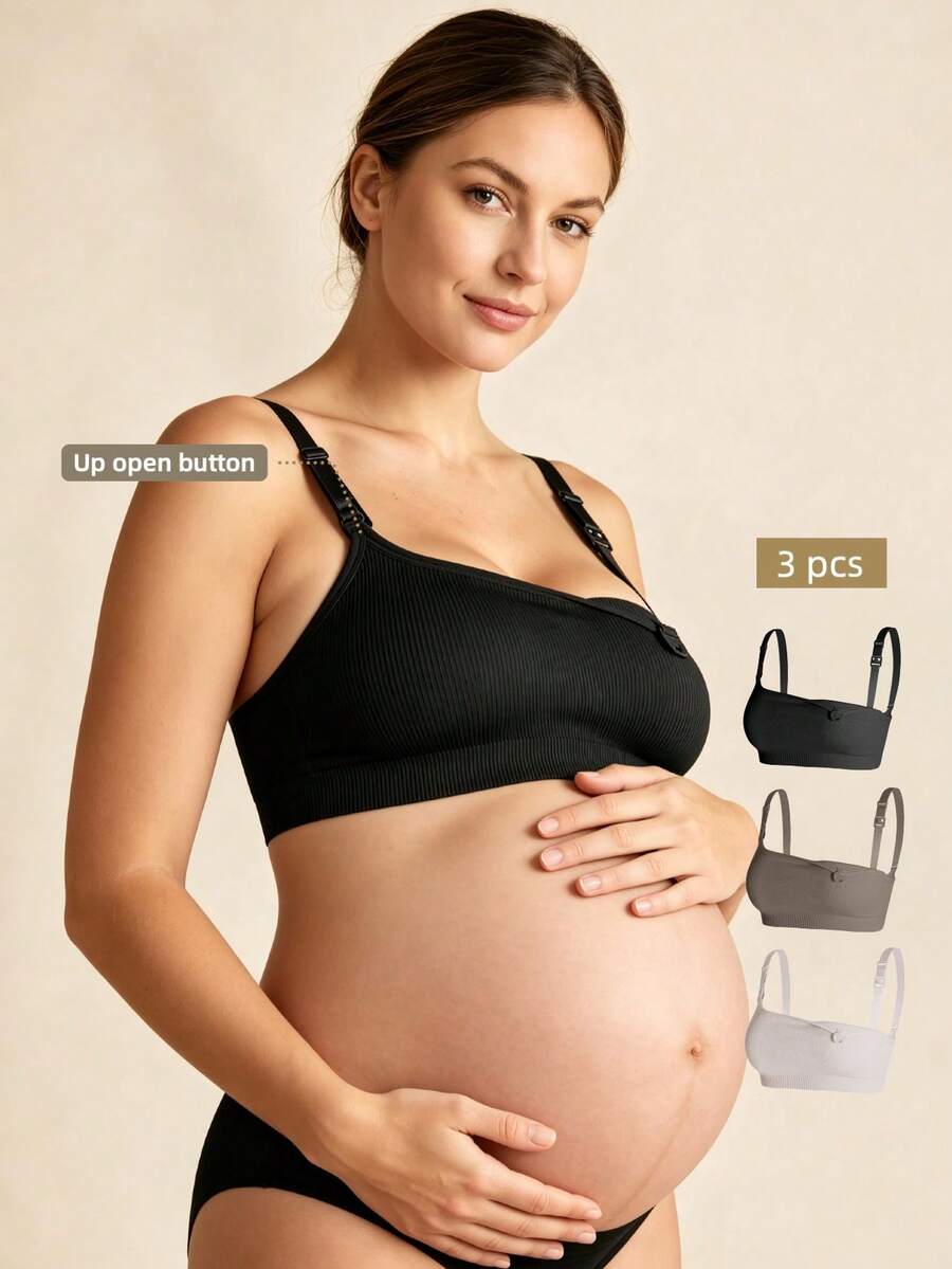 Hart & Haze 3pcs Maternity Nursing Bra, Easy Open Breastfeeding Comfortable Bralette, Black/Coffee/Light Skin Colors