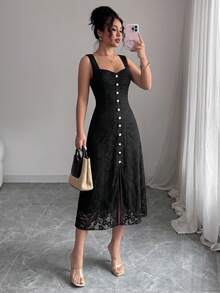Women's Black Lace Sweetheart Neckline Sleeveless Maxi Dress - Black - View 2