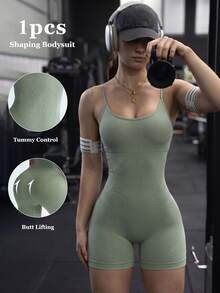 Autumn/Winter Matte One-Piece Jumpsuit, Tummy Control & Butt Lift Slimming Workout Wear - Mint Green - View 1