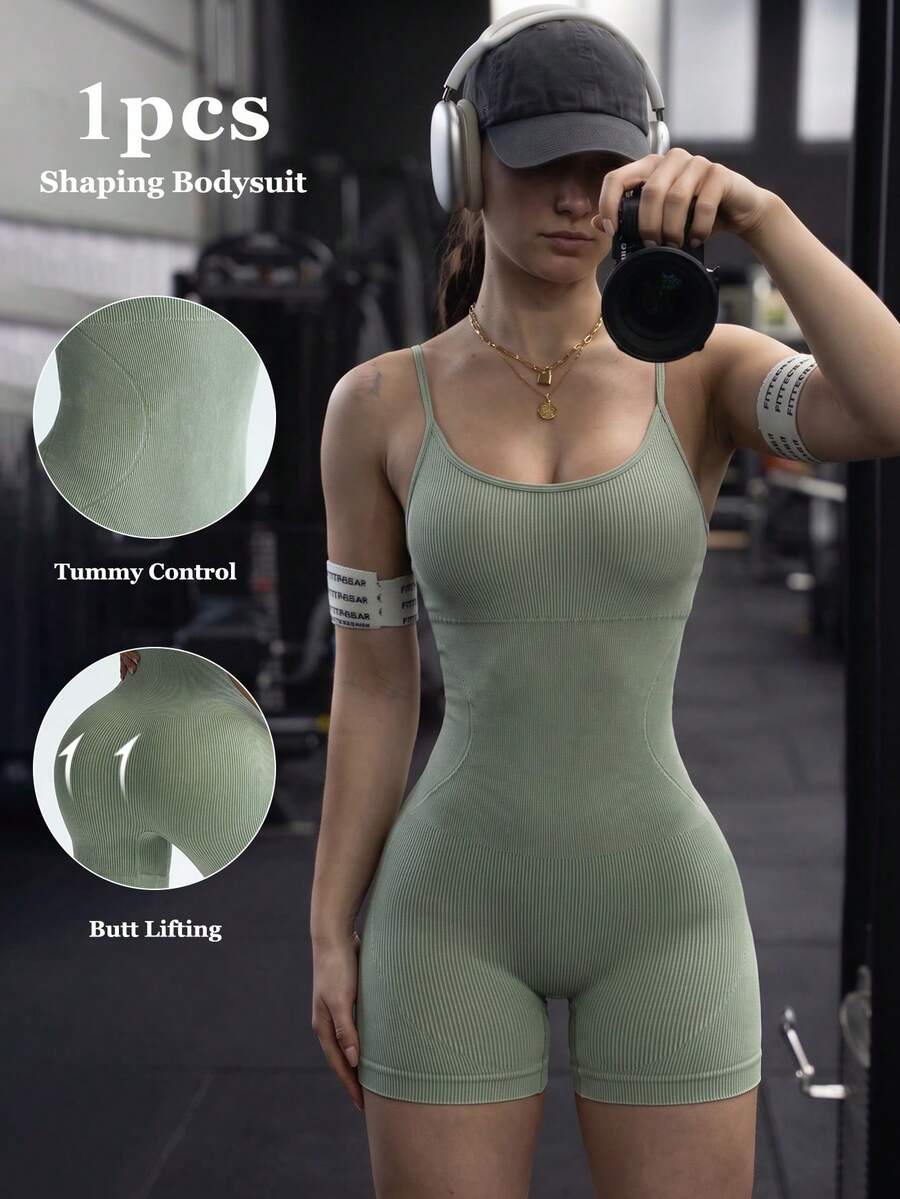 Autumn/Winter Matte One-Piece Jumpsuit, Tummy Control & Butt Lift Slimming Workout Wear - Mint Green - View 1