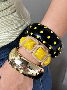 Yellow & Black Striped White Polka Dot Black Resin Polka Dot Bracelet, Harajuku Y2K Decorative Bracelet, Summer Beach Vacation Decorative Bracelet - Multicolor - View 6