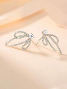 1 Pair French Style Full Rhinestone Bow Earrings, Heart-Shaped Zirconia + Dangle Ribbon Design, Suitable For Women's Party Gift - Silver - View 4