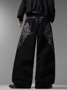 Men's Black Jeans, Unique Back Pocket Embroidery, Minimalist Fashion Loose Wide Leg Pants, Versatile All Season Wear (Belt & Accessories Not Included) - Black - View 3