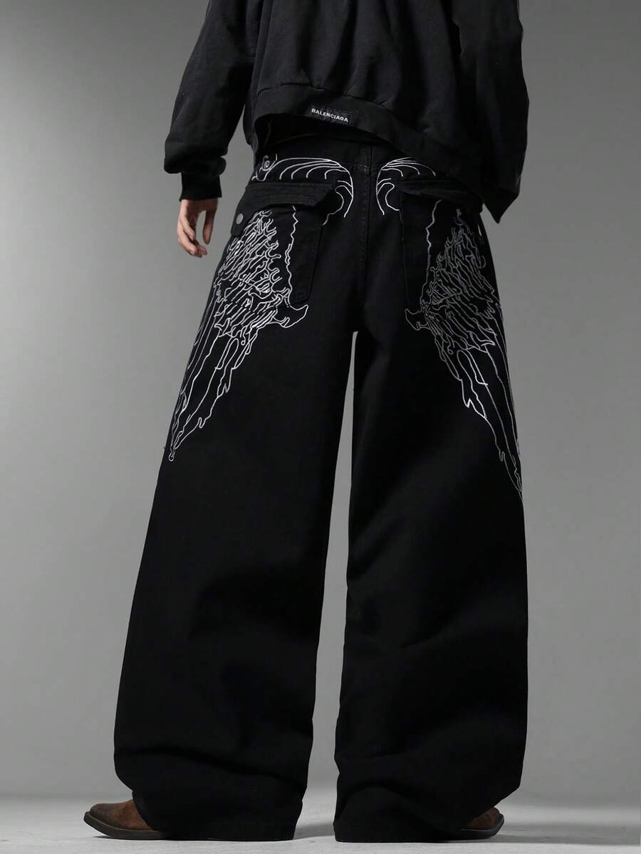 Men's Black Jeans, Unique Back Pocket Embroidery, Minimalist Fashion Loose Wide Leg Pants, Versatile All Season Wear (Belt & Accessories Not Included) - Black - View 1