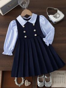 BASUSARRI Young Girls Dress With Collar, Buttons, Striped Patchwork, Pleated Hem, Preppy Style, Fashionable Elegant, Campus School Uniform, Simple And Stylish - Blue - View 2